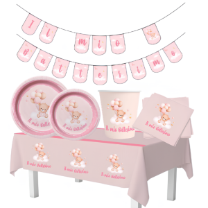 Set battesimo bambina rosa 24 ospiti (98 pezzi: 24 piatti 23cm, 24 piatti 18cm, 24 tovaglioli, 24 bicchieri, 1 tovaglia, 1 festone)