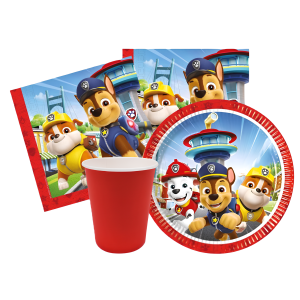 Kit compleanno tavola paw patrol 16 persone (60 pezzi: 16 piatti 18cm, 24 bicchieri 200ml, 20 tovaglioli) in carta
