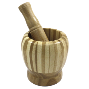 Mortaio in legno bamboo con pestello, dimensione 10x9cm, accessorio da cucina per spezie