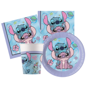 Kit compleanno tavola stitch ii per 16 persone (52 pezzi: 16 piatti 18cm, 16 bicchieri 200ml, 20 tovaglioli) in carta