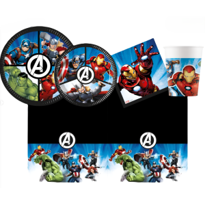 Kit festa di compleanno a tema avengers, da tavola (8 piatti 23cm, 8 piatti 20cm, 20 tovaglioli, 1 tovaglia, 8 bicchieri)