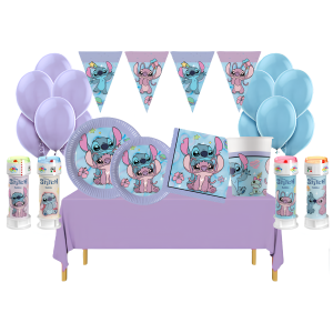 Kit compleanno stitch angel 24 persone (118 pezzi: 24 piatti, 24 bicchieri, 40 tovaglioli, 24 palloncini pastel, 1 tovaglia, 1 festone bandierine, 4 bolle di sapone) addobbi tema stitch per bambini
