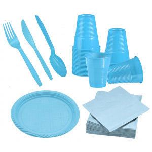 Stoviglie in plastica celeste da tavola (164 pezzi: 20 piatti, 50 bicchieri, 40 tovaglioli, 18 forchette, 18 coltelli, 18 cucchiai)