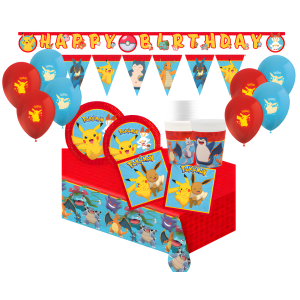 Kit compleanno pokemon per 24 persone – set festa (24 piatti, 24 bicchieri, 40 tovaglioli, 8 palloncini, 1 tovaglia, festone, bandierine) – addobbi tema pokemon per bambini