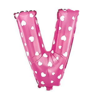 Palloncino lettera v rosa metal fantasia a cuori, dimensione 35cm