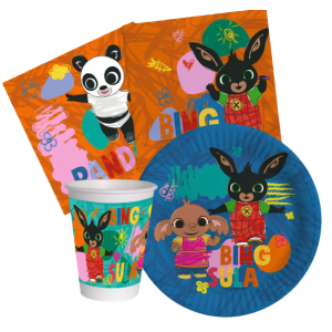 Kit compleanno tavola bing, pando e sula 16 persone (52 pezzi: 16 piatti 18cm, 16 bicchieri 200ml, 20 tovaglioli) in carta
