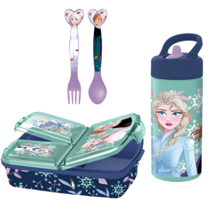 Set scuola frozen merenda – portapranzo 3 scomparti , posate e borraccia 410 ml, pranzo e merenda, ideale per bambini e fan disney