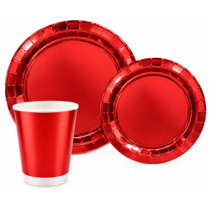 Set tavola monouso rosso metal, stoviglie in carta 12 piatti 23cm, 12 piatti 18cm, 12 bicchieri 210ml,