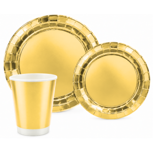 Set tavola monouso oro metal, stoviglie in carta 12 piatti 23cm, 12 piatti 18cm, 12 bicchieri 210ml