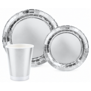 Set tavola monouso argento metal, stoviglie in carta 12 piatti 23cm, 12 piatti 18cm, 12 bicchieri 210ml