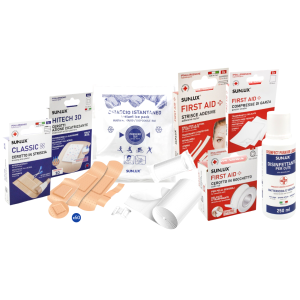 Kit primo soccorso completo  – set medicazione con disinfettante, ghiaccio istantaneo, cerotti assortiti, garze e bende