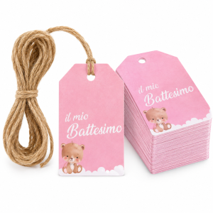 Etichetta bomboniera battesimo bambina, biglietti rosa con cordoncino in juta, confezione da 144 pezzi, dimensioni 4x7cm