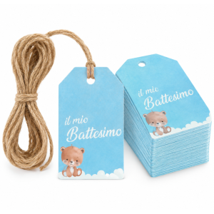 Etichetta bomboniera battesimo bambino, biglietti celesti con cordoncino in juta, confezione da 144 pezzi, dimensioni 4x7cm