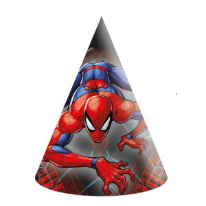 Cappellini da festa spiderman, in carta, confezione da 6 pezzi, dimensione 12x16cm