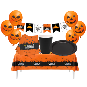 Set tavola halloween 12 ospiti (12 piatti 18cm, 12 tovaglioli, 12 bicchieri, 1 tovaglia, 1 festone, 12 palloncini), decorazioni a tema halloween