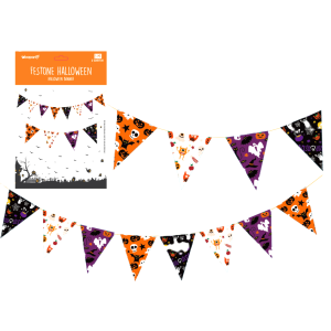 Festone bandierine halloween, 8 bandierine in carta 24x19cm, nastro 3m