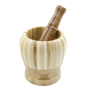 Mortaio in legno bamboo con pestello, dimensione 11x11cm, accessorio da cucina per spezie