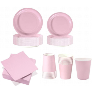 Set stoviglie carta monouso rosa 112 pezzi , festa di compleanno, kit per 24 ospiti