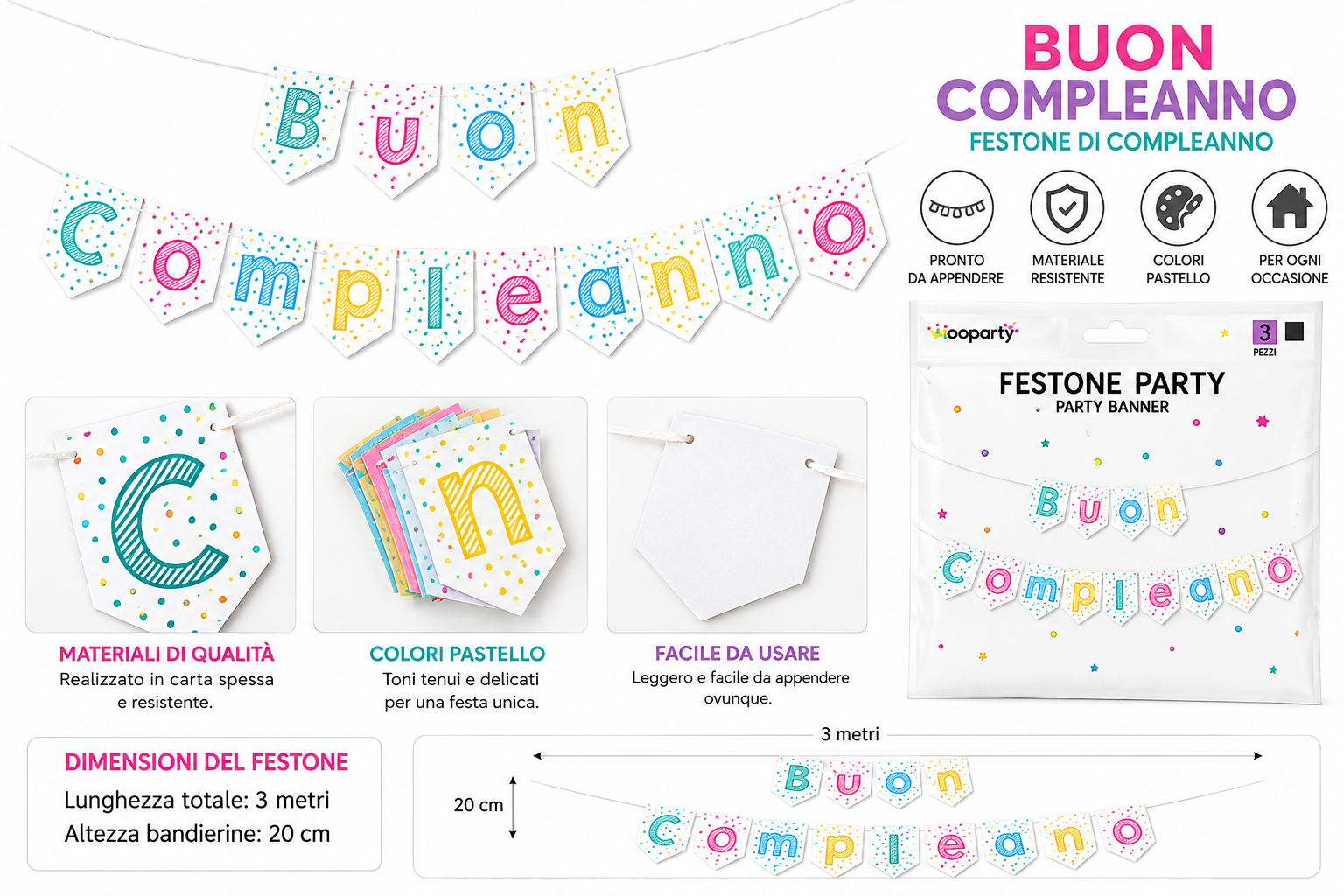 Festone Buon Compleanno Multicolore Pois 3 m x 20 cm u2013 Decorazione in Carta per Feste, Compleanni e Party a Tema, Allegra e Facile da Appendere