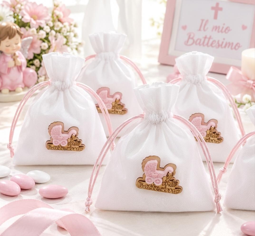 Sacchetto Bomboniera Battesimo Rosa