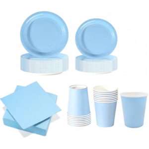 Set stoviglie carta monouso celeste 112 pezzi , festa di compleanno, kit per 24 ospiti
