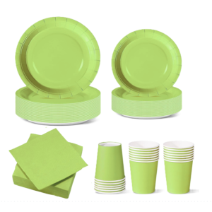 Set stoviglie carta monouso verde 112 pezzi , festa di compleanno, kit per 24 ospiti
